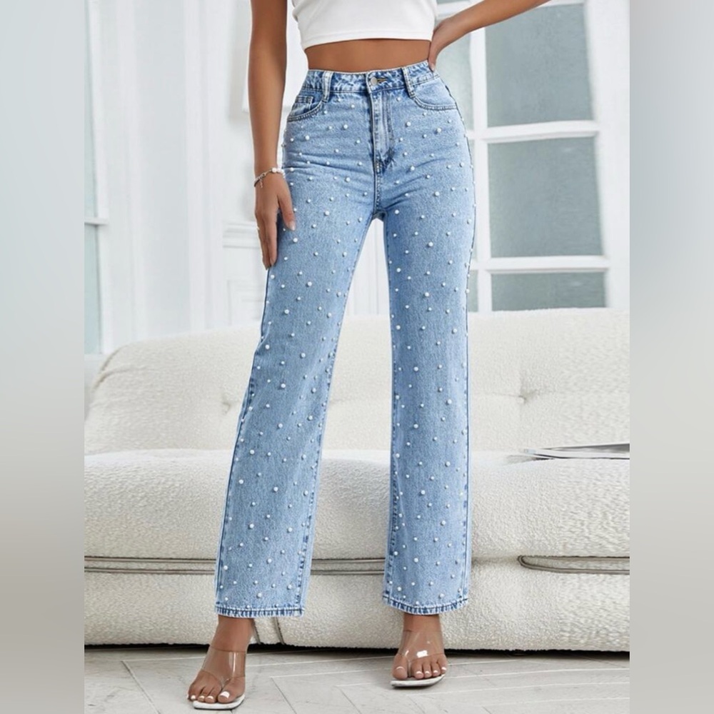 SHEIN Light Blue Pearl-Studded Straight Leg Jeans